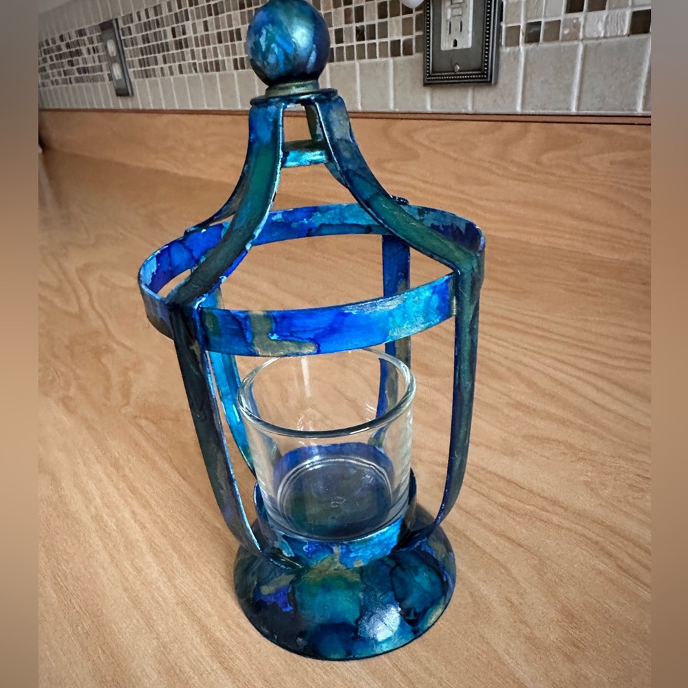 Handcrafted blue metal lantern votive holder with glass cup decorative accent